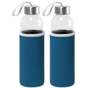 2x Stuks glazen waterfles/drinkfles met blauwe softshell bescherm hoes 520 ml