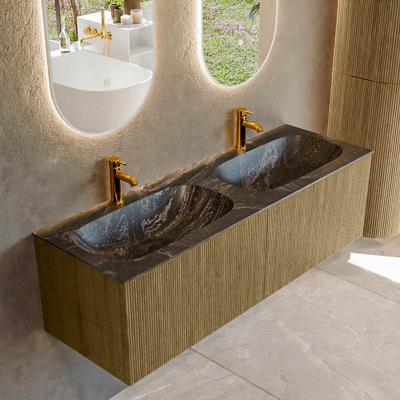 Badmeubel Mondiaz Kurve-Dlux | 140 cm cm | Meubelkleur Dusk | Wastafelkleur Lava | Solid surface | Wasbak beiden zijden spoelbak | 2 kraangaten