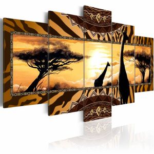 Schilderij - Afrika  Savanne, print op canvas, wanddecoratie 5luik , oranje zwart