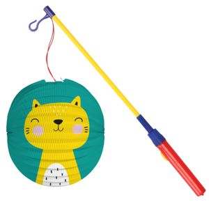 Bol lampion kat/poes - blauw - 22 cm - papier - met lampionstokje - 50 cm