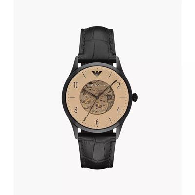 Emporio Armani automatisch beige wijzerplaat heren lederen horloge AR1923