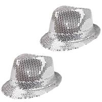 2x Stuks Trilby hoeden met pailletten - zilver - glitter