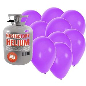 Helium tank met 50 paarse ballonnen