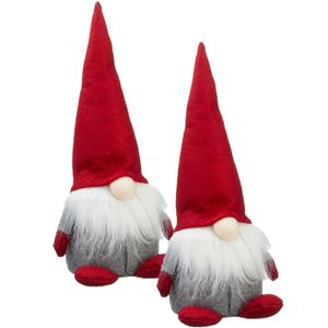 2x stuks pluche gnome/dwerg decoratie poppen/knuffels met rode muts 30 cm