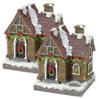Verlicht kersthuisje - 2x - gele bakstenen - polystone - 13 cm - kleur veranderende lichtjes - kerst