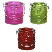 Citronella kaars - 3x - in windlicht - roze/groen en rood - 20 branduren - citrusgeur - thumbnail