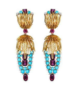FRED LEIGHTON boucles d'oreilles pendantes en or 18ct ornées de diamants et de turquoises