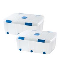 Plasticforte Opslagbak/box met deksel - 2x - 100L - 80 x 60 x 33 cm - transparant - met wielen