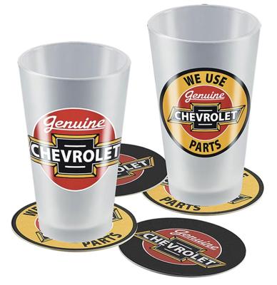 Genuine Chevrolet Frosted Pint Glazen Cadeau Set - 2 Glazen en 4 Onderzetters