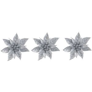 3x Kerstversieringen glitter kerstster zilver op clip 15 cm   -