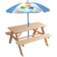 Tuinmeubelen - FUN HOUSE - Ma Petite Carapace houten picknicktafel H.53xL.95xD.100 cm met schildpadparasol H.125x100 cm