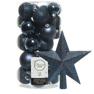 Decoris kerstballen 30x stuks - donkerblauw 4/5/6 cm kunststof mat/glans/glitter mix en piek