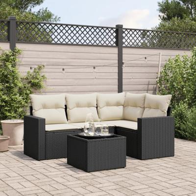 5-delige Loungeset met kussens poly rattan zwart