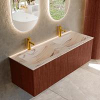 Badmeubel Mondiaz Kurve-Dlux | 130 cm | Meubelkleur Ruby | Wastafelkleur Nata | Solid surface | Wasbak beide zijden spoelbak | 2 kraangaten