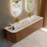 Mondiaz KURVE-DLUX 165 cm Onderkast Greeploos 2 Lades Met Deuren Walnut, Wastafel Solid Surface Rechts Glace 2 Kraangaten Zonder Spiegel (KRVSTS165L2L1D2KD-Wal/Gla)