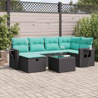 7-delige Loungeset met kussens poly rattan zwart