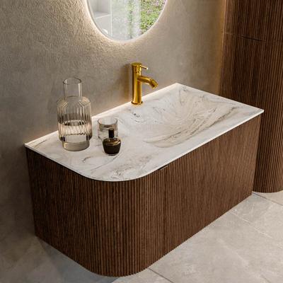 Badmeubel Mondiaz Kurve-Dlux | 85 cm | Meubelkleur Walnut | Wastafelkleur Glace | Solid surface | Rechts spoelbak | 1 kraangat