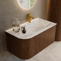 Badmeubel Mondiaz Kurve-Dlux | 85 cm | Meubelkleur Walnut | Wastafelkleur Glace | Solid surface | Rechts spoelbak | 1 kraangat