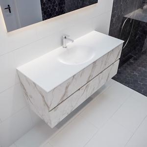 Mondiaz Vica Moon badmeubel wit carrara mat 120 cm 2 lades solid surface enkele spoelbak midden 1 kraangat