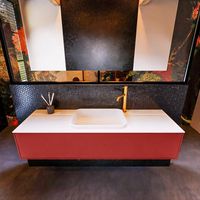 Badkamermeubelset Mondiaz Erin 150 cm met 1 Lade met RIDGE Wastafel Midden Talc met 1 kraangat Greeploos Mat Fire