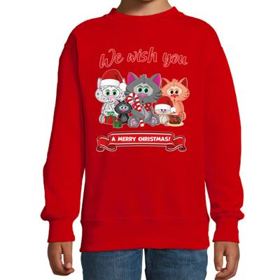 Kersttrui / sweater - voor jongens/meisjes - we wish you - rood - Kerst poesjes - katten