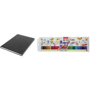 Schetsboek/tekenboek zwart  A4 formaat 80 vellen met 50 viltstiften   -