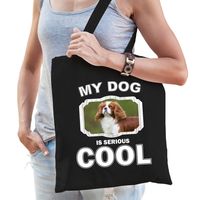 Spaniel honden tasje zwart volwassenen en kinderen - my dog serious is cool kado boodschappentasje - thumbnail
