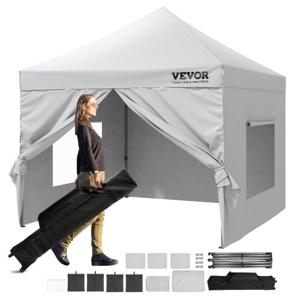 VEVOR paviljoen 304,8x304,8x320cm tuintent 500D PU zilveren stof opvouwbaar paviljoen in hoogte verstelbaar incl. opbergtas partytent 6-8 personen pop-up tent wit tuinpaviljoen voor kampeertrip