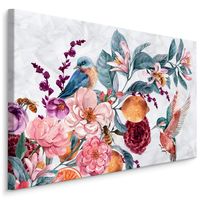 Schilderij - Bloemen en Kolibrie in Aquarel II (print op canvas), multi-gekleurd, 4 maten, wanddecoratie