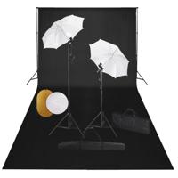 Fotostudioset met lampen, paraplu's, achtergrond en reflector