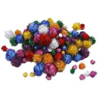 Decoratie pompoms - pluizig - 150x stuks - 15/40 mm - glitterkleuren - knutselen/creatief