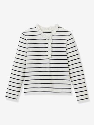 T-shirt met strepen en lange mouwen voor meisjes marineblauw