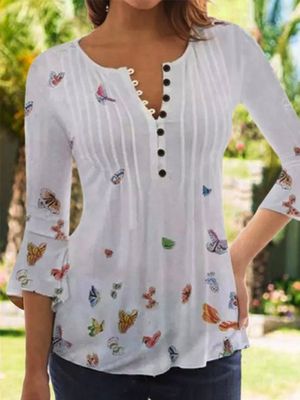 Tunic Vintage 3/4 Sleeve Butterflies Printed V Neck Casual Top
