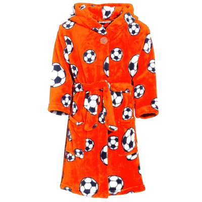Badjas/ochtendjas oranje fleece voetbal print voor kinderen.