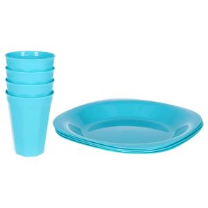 Verjaardag/kinder/camping borden/beker set - 8x stuks - blauw - kunststof - onbreekbaar