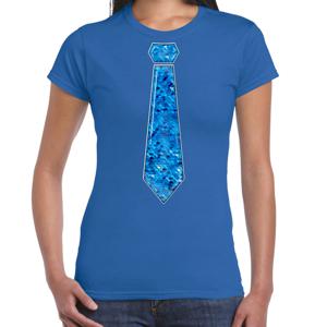 Verkleed t-shirt voor dames - stropdas blauw - pailletten - blauw - carnaval - foute party