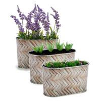 Plantenpot/bloempot teil - 3x - ovaal - zink - bruin - L22,5 x D11,5 x H12 cm