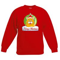 Kersttrui sweater voor kinderen - rood - Merry Christmas - oranje kat / poes kerstbal