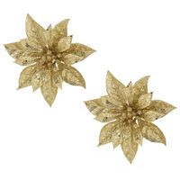 2x stuks decoratie bloemen kerstster goud glitter op clip 15 cm - thumbnail