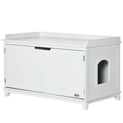 PawHut kattenkast voor kattenbak kattenhuis kattenladekast kattengrot met scheidingskast MDF wit 95,4 x 54 x 57,5 cm