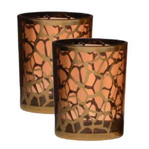 2x stuks theelichthouders/waxinelichthouders giraffe print glas goud 12.5 x 10 cm