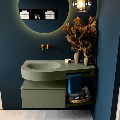 MONDIAZ RIVA 100cm badmeubel onderkast / planchet kleur Army met 1 lade. Wastafel DULCET links 0 kraangaten kleur Army. MONDIAZ RIVA 100cm badmeubel onderkast / planchet kleur Army met 1 lade. Wastafel DULCET links 0 kraangaten kleur Army.