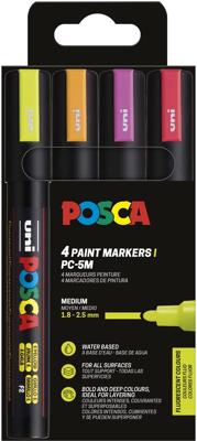 Uni POSCA paintmarker PC-5M, 1,8 - 2,5 mm, etui van 4 stuks in fluo kleuren