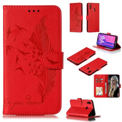 Feather patroon Litchi textuur horizontale Flip lederen draagtas met portemonnee & houder & kaartsleuven voor Huawei Y9 (2019) (rood)