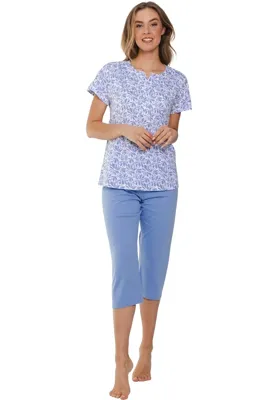 Dames capri pyjama driekwart broek - Shortama met knoopjes - Blue Foral
