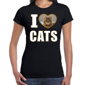 I love cats t-shirt met dieren foto van een bruine kat zwart voor dames