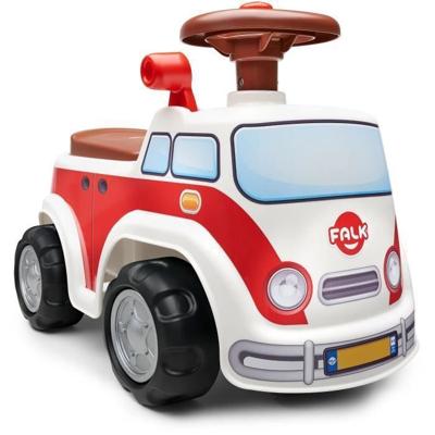 Vintage minivandrager met stoel die open kan en stuurwiel met claxon