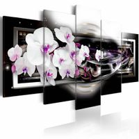 Schilderij - Orchidee op een zwarte achtergrond , wit zwart , 5 luik