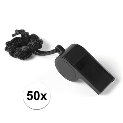 Fluitjes van kunststof - Multipack van 50x stuks - zwart - aan koordje - herrie maken - sport