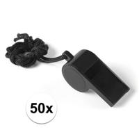 Fluitjes van kunststof - Multipack van 50x stuks - zwart - aan koordje - herrie maken - sport Fluitjes van kunststof - Multipack van 50x stuks - zwart - aan koordje - herrie maken - sport